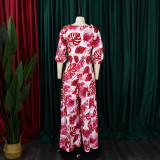 Print V Neck Tie Up Top Two Piece Pant Set GCZF-8469