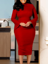 Solid Color Long Sleeve Slim Midi Dress GCZF-D441-C1