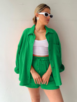Solid Color Long Sleeve Shirt Two Piece Shorts Set MIL-T107