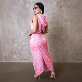 Print Sleeveless Hooded Vest Two Piece Skirts Set NY-10766