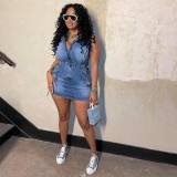 Short Sleeve Drawstring Zipper Denim Mini Dress CM-8715