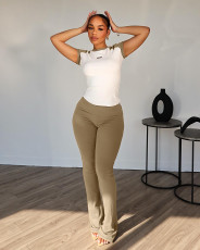 Color Block Sports Yoga Short Sleeve Two Piece Set QODY-6031