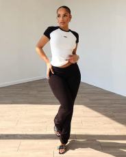 Color Block Sports Yoga Short Sleeve Two Piece Set QODY-6031