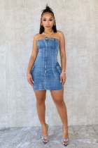 Sexy Denim Tube Tops Zipper Mini Dress CM-8718