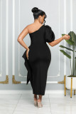 Solid Color Single Shoulder Bubble Sleeve Midi Dress GYLY-9903