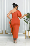 Solid Color Single Shoulder Bubble Sleeve Midi Dress GYLY-9903