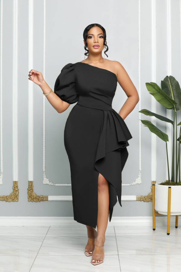 Solid Color Single Shoulder Bubble Sleeve Midi Dress GYLY-9903
