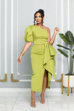 Solid Color Single Shoulder Bubble Sleeve Midi Dress GYLY-9903