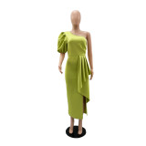 Solid Color Single Shoulder Bubble Sleeve Midi Dress GYLY-9903