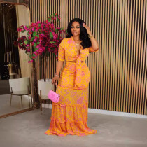 Fashion Print Half Sleeve Two Piece Skirt Set ZDF-31338