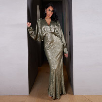  Bat Long Sleeve V-Neck Sexy Long Dress MUE-8057