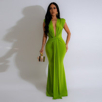 Deep V Neck Short Sleeve Maxi Dress MUE-8060