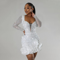 Rhinestone Beads Long Sleeve Mini Dress CYA-901042