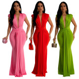 Deep V Neck Short Sleeve Maxi Dress MUE-8060