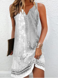 Plus Size Printed Single Breasted Sleeveless V-Neck Mini Dress GYSM-W0736