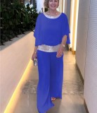 Solid Sequins Color Block Batshirt Wide Leg Pants Set GYSM-W0737