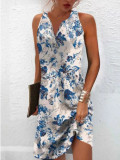 Plus Size Printed Single Breasted Sleeveless V-Neck Mini Dress GYSM-W0736