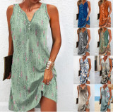 Plus Size Printed Single Breasted Sleeveless V-Neck Mini Dress GYSM-W0736