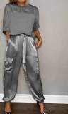 Plus Size Smooth Satin Half Sleeve Top Pants Two Piece Suit GYSM-W0733