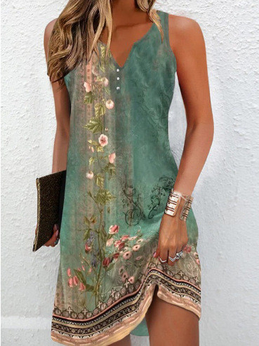 Plus Size Printed Single Breasted Sleeveless V-Neck Mini Dress GYSM-W0736