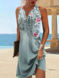 Plus Size Printed Single Breasted Sleeveless V-Neck Mini Dress GYSM-W0736