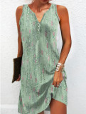 Plus Size Printed Single Breasted Sleeveless V-Neck Mini Dress GYSM-W0736
