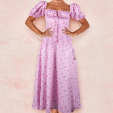 Casual Bubble Sleeve Sling Split Print Dress GYSM-W0274
