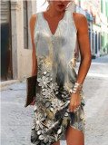 Plus Size Printed Single Breasted Sleeveless V-Neck Mini Dress GYSM-W0736