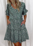 Plus Size Loose V-Neck Printed Ruffle Dress GYSM-W0291