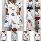 Plus Size Loose V-Neck Printed Ruffle Dress GYSM-W0291