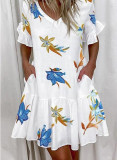 Plus Size Loose V-Neck Printed Ruffle Dress GYSM-W0291