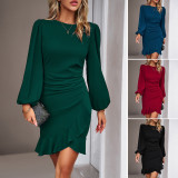 Bubble Sleeve Solid Color Midi Dress GYSM-W0727