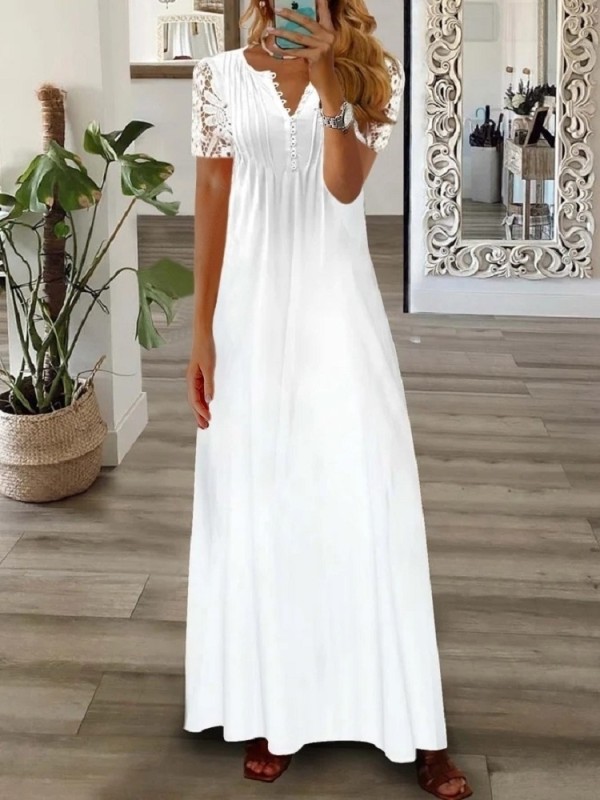 Plus Size Short Sleeve V Neck Print Long Dress GYSM-W0549