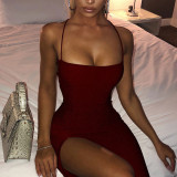 Backless Square Neck Solid Color Sling Midi Dress GYSM-W0504