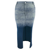 Plus Size Denim Woven Gradient Split Half Body Skirt GDAM-8011