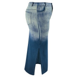 Plus Size Denim Woven Gradient Split Half Body Skirt GDAM-8011