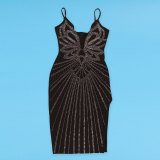 Hot Drill V Neck Sling Split Midi Dress NY-3182