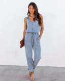 Loose Sleeveless Drawstring Denim Jumpsuit GYAN-3205
