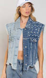 Spliced Beaded Loose-fitting Denim Jacket GYAN-3285