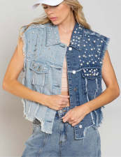 Spliced Beaded Loose-fitting Denim Jacket GYAN-3285