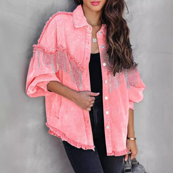 Chain Studded Street Fashion Single Breasted Denim Jacket GYAN-641