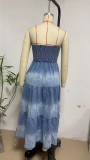 Patchwork Side Split Cake Denim Long Dress GYAN-3256