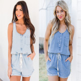 Loose Sleeveless Drawstring Denim Jumpsuit GYAN-3205