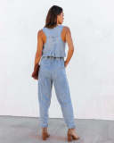 Loose Sleeveless Drawstring Denim Jumpsuit GYAN-3205