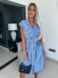 Lapel Sleeveless Staple Button Waist Tie Denim Dress GYAN-3293