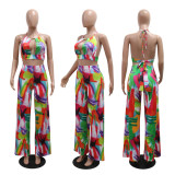 Print Tie Up Backless Top Two Piece Pants Set CYA-901196