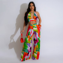 Print Tie Up Backless Top Two Piece Pants Set CYA-901196