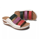 Colorblocked Hollow Out Slope Heel One Slippers GYUX-45566