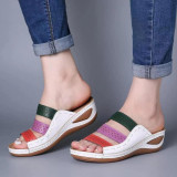 Colorblocked Hollow Out Slope Heel One Slippers GYUX-45566