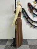 Solid Color Slash Shoulder Split Skirts Two Piece Set NY-10783